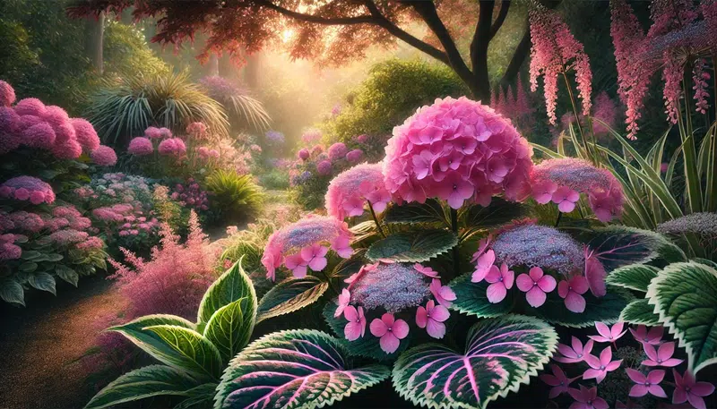 Hydrangea serrata 'Euphoria Pink' en forêt